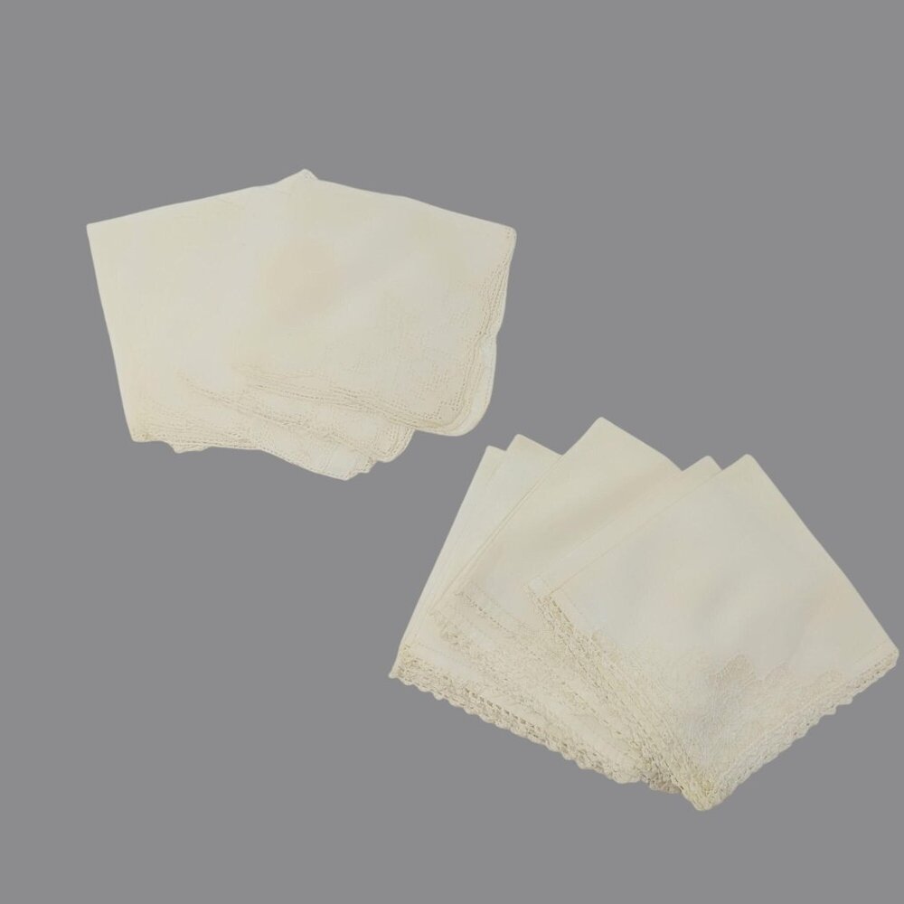 Vintage Napkins Linen Embroidered Crochet Cream 2 Sets